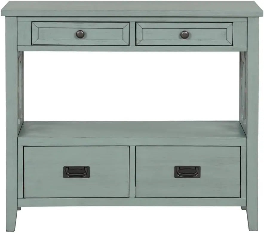 36 Inch Country Farmhouse Console Table with 4 Drawers and 1 Storage Shelf Pine Wood Suitable