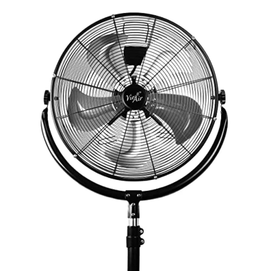 Industrial heavy duty metal pedestal drum fan for workshop use, black, 360 tilting with high velocity and quiet operation