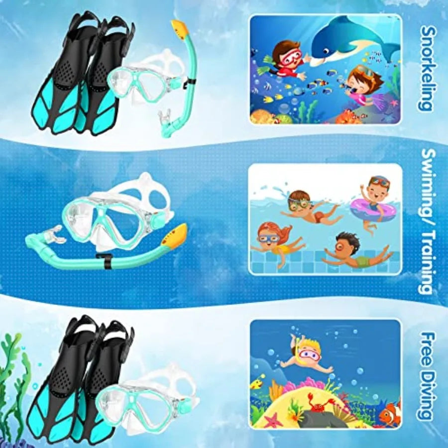 Snorkel Set, Mask Fins Snorkeling Gear for Anti-Fog Swim Goggles 180 Panoramic View Dry Top Snorkel and Dive Flippers Combo wit