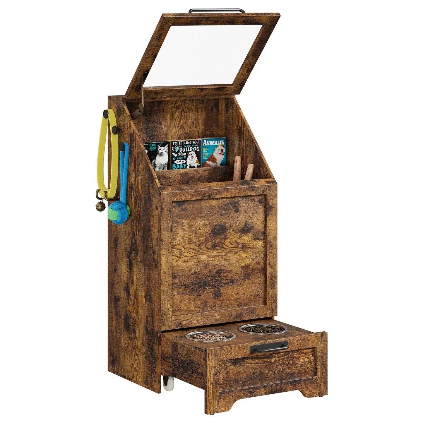 Pet Food Cabinet Flip Top Dog Food Storage Cabinet,Dog Feeding Station with 2 Elevated Bowls, Pet Toy Storage Organizer
