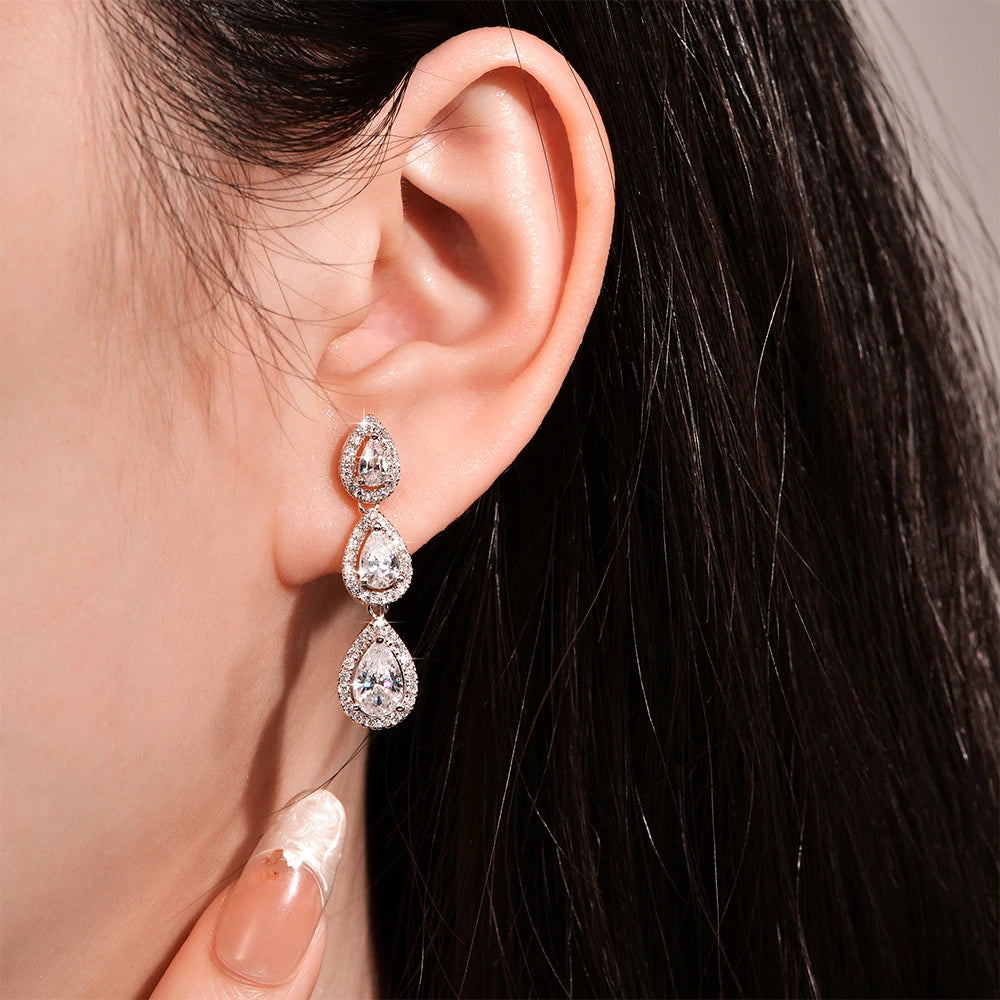 OXTAO 3-Stone Pear Cut 5A CZ Halo Drop Earrings for Women Girl Birthday Party Gift D VVS1 for Women Tassel Moissanite Dangle Earrings 14K Gold Filled