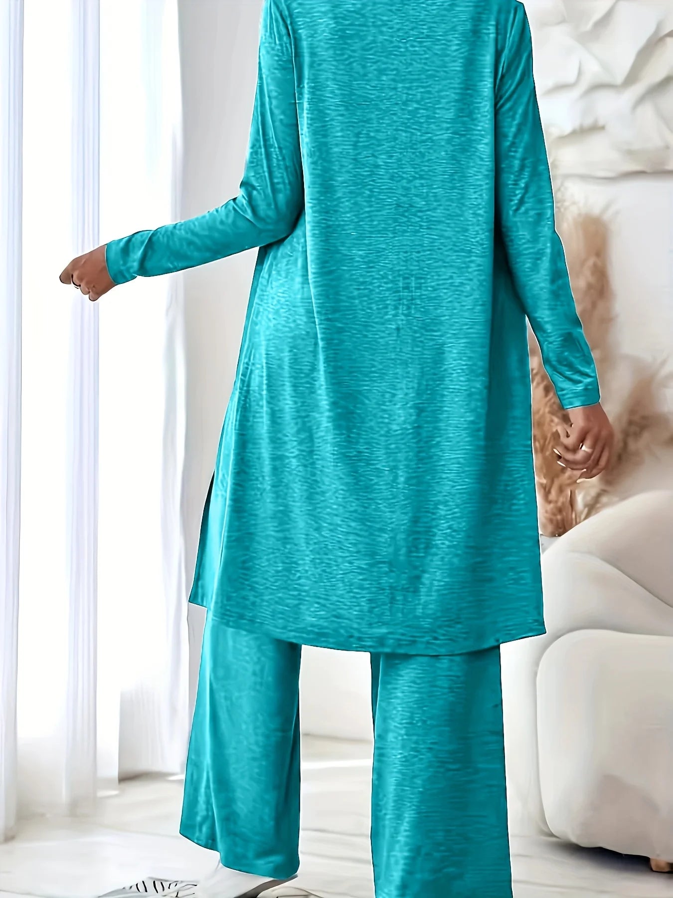 Plus size women's lazy loungewear knit 3-piece set; mixed color textured tank top, long cardigan, high-waisted pocket wide-leg pants loose set