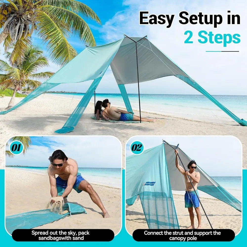 Large Portable Beach Shade 15X10ft Easy Setup UPF50 Plus Ultra Stable Wing Canopy