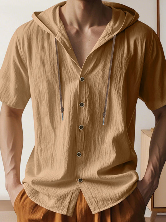 Men s Short Sleeve Hooded Shirt with Button Closure Solid Color Summer Top for Casual Daily Wear and Outdoor Activities