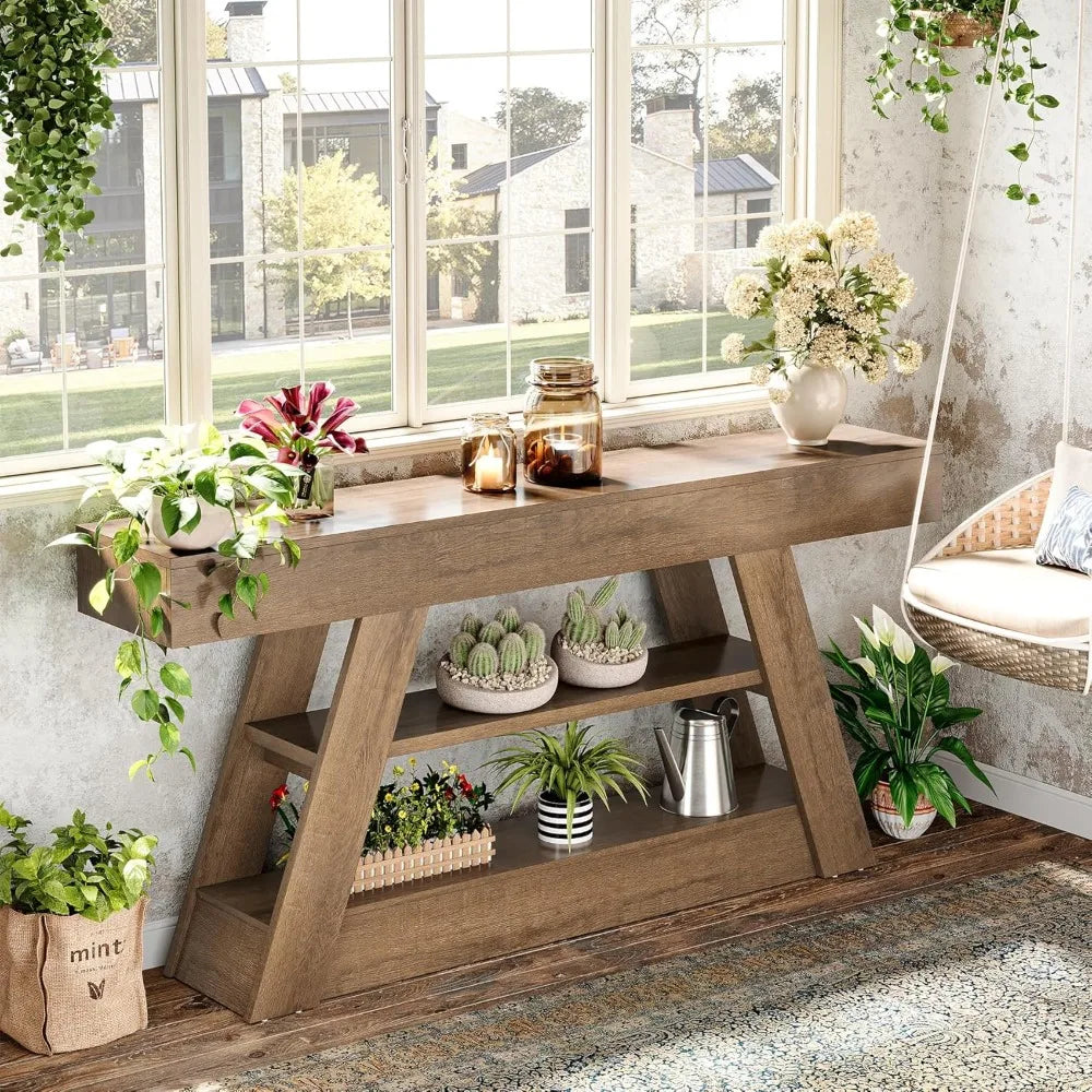 63-Inch Rustic Wooden Console Table with Storage for Entryway and Living Room Sofa Area