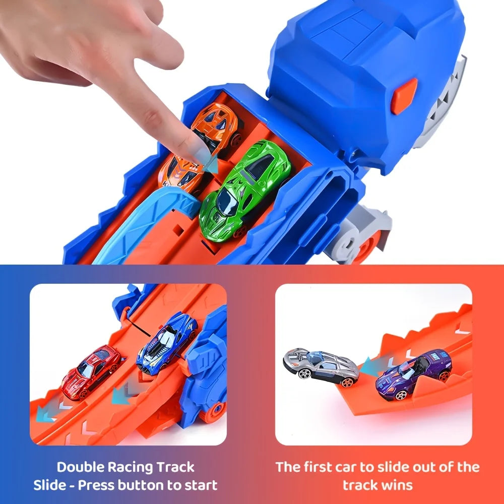 Toddler Truck Toy with Folding Dinosaur Track & 8 Race Cars, Portable Vehicle Play Set, Ideal Gift for Kids Age 3+