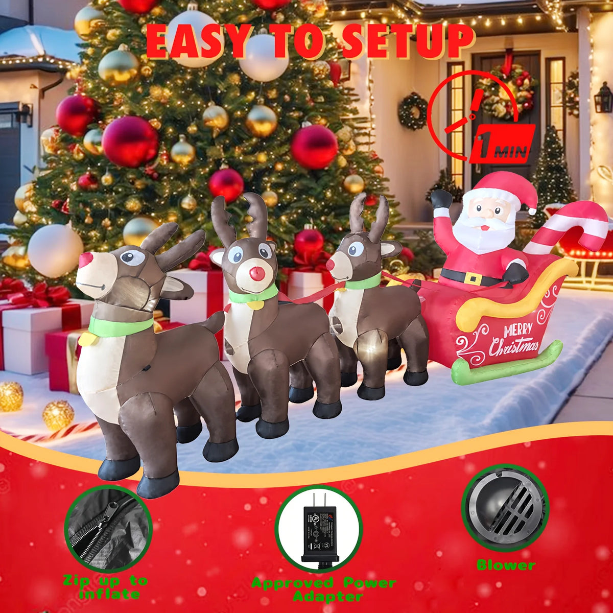 2026 New 9.8FT Christmas Big Inflatable Santa Sleigh with 3 Reindeer LED Blow Up Outdoor Yard Decor for Garden Lawn Holiday Party lovely Santa Claus LED Lighted