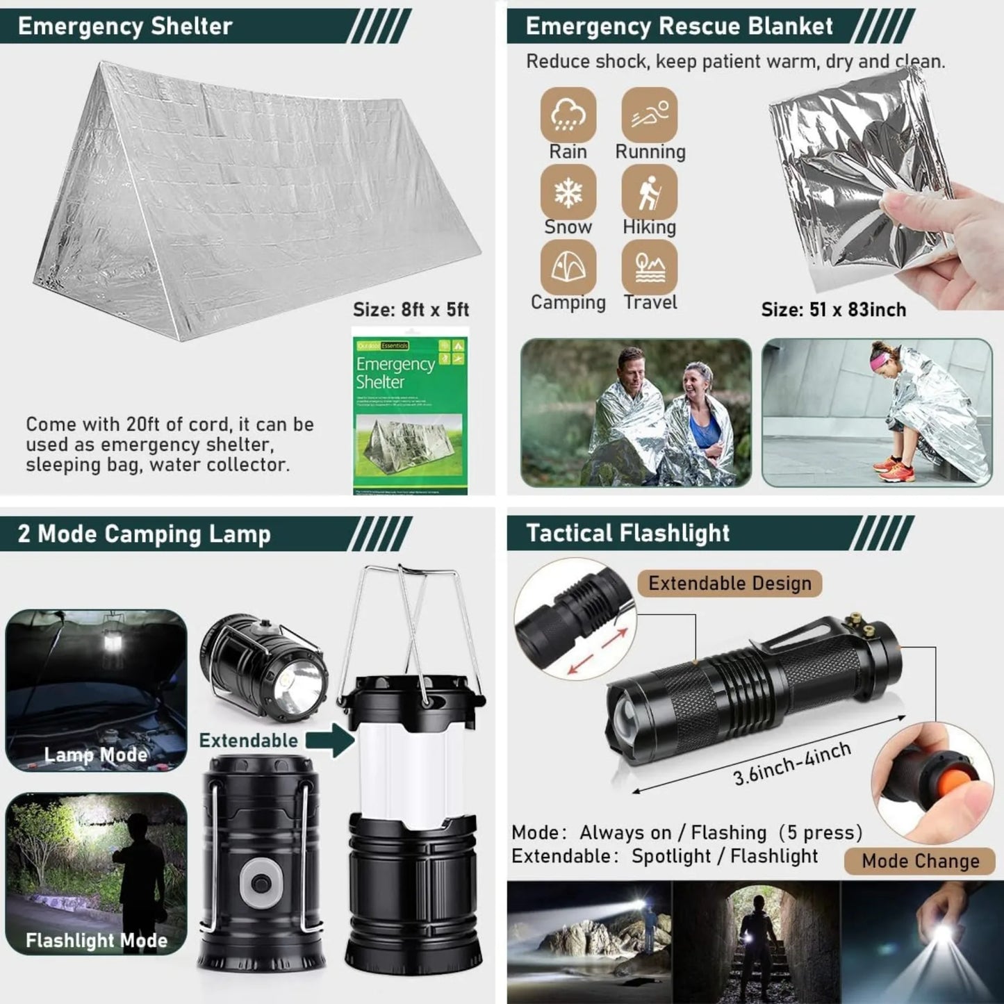 Survival kit, 262 pieces of survival equipment and supplies, first aid kit and crossbody bag