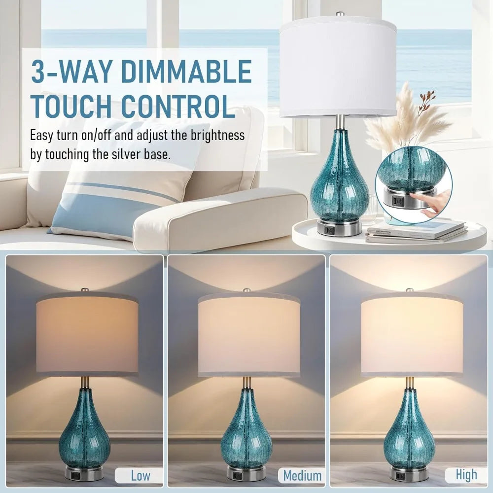 QiMH Glass Table Lamp for Living Room Bedroom Set of 2, 22.5" LED Light with Touch Control, Blue 3 Way Dimmable Modern Bedside L