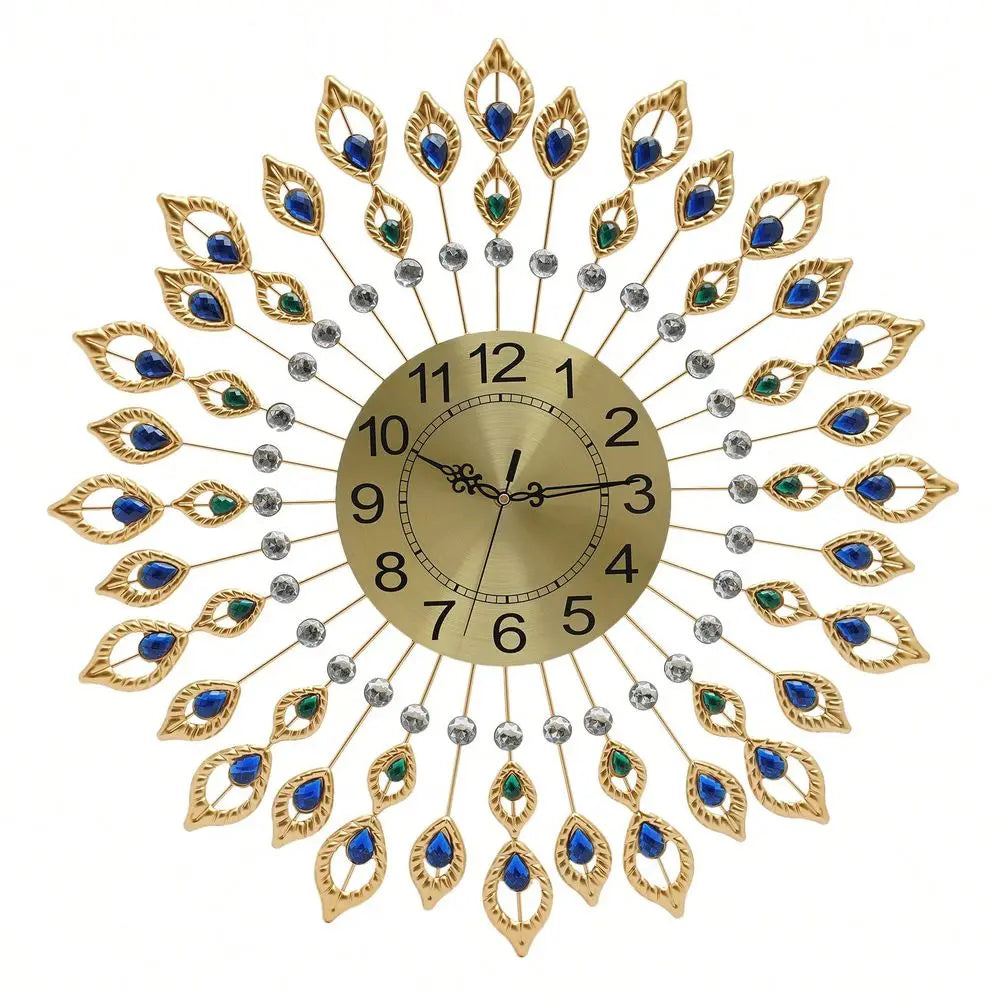 Wall Clock For Living Room Decor,Crystal Peacock Wall Clocks Modern Design 3D Clocks For Decor Large Round Metal Silen