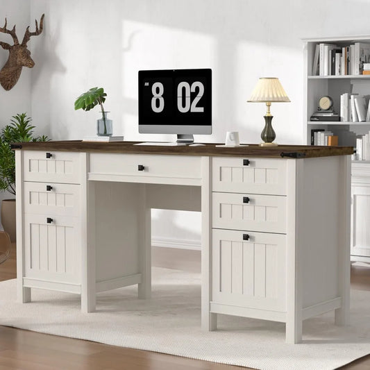 Executive Desk, Modern Farmhouse Computer Desk with Drawers & Cabinet, Home Office Desk for Work Study Writing Workspace (White,