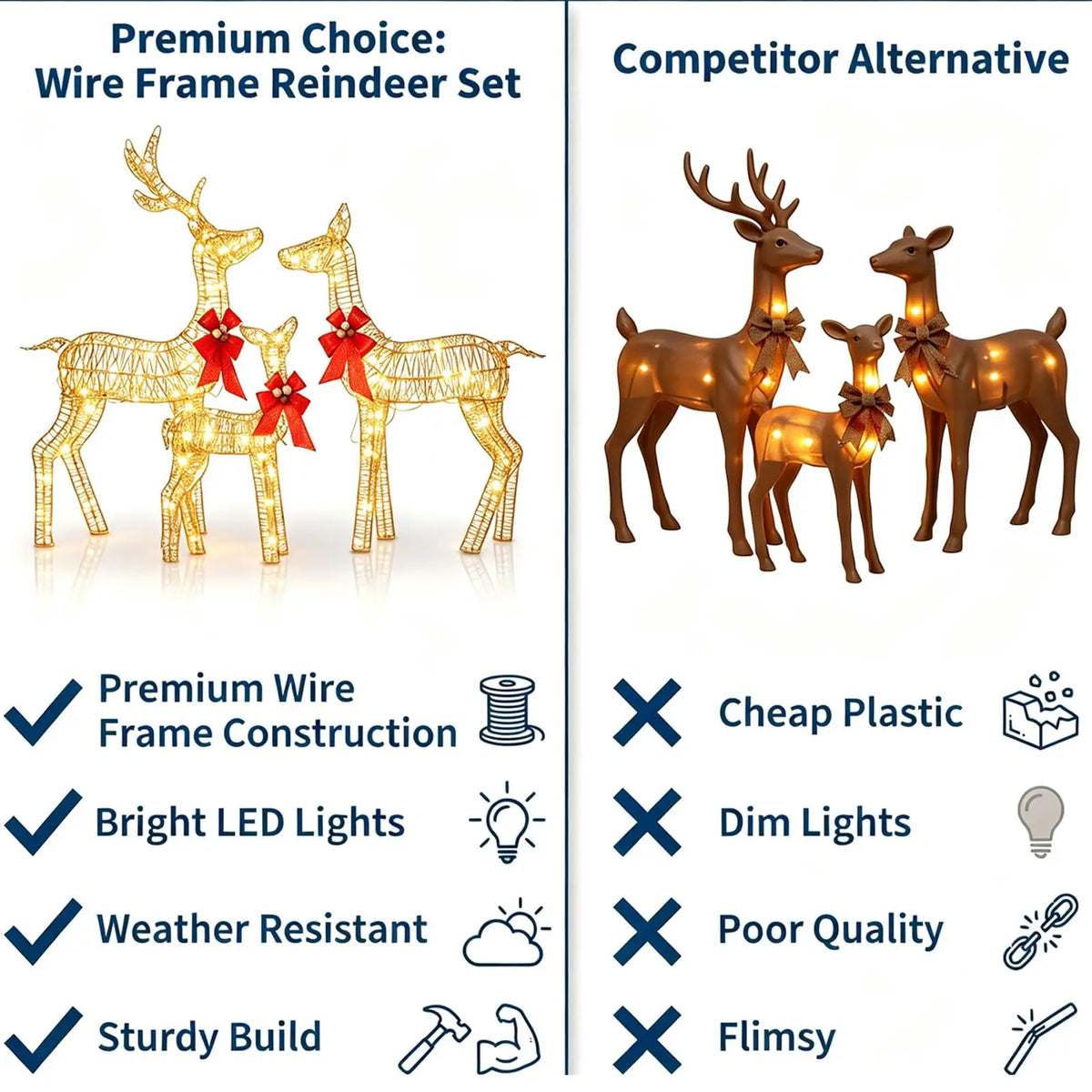 3 Piece Lighted Christmas Deer Family Outdoor, Gold Glitter Reindeer Yard Decor, 360 Warm White LED Lights, Buck Doe Fawn Set