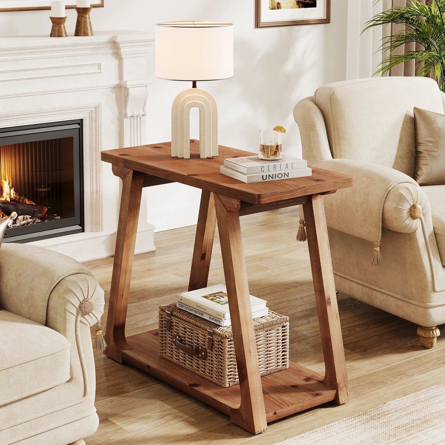 2-Tier Solid Wood End Table, Narrow Side Table, Rectangle Farmhouse Nightstand for Living Room, Bedroom, Easy Assembly