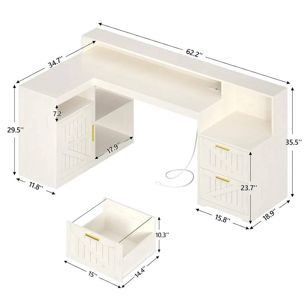 62.2" Farmhouse L Shaped Home Office Desk, Drawers, Storage Shelves & Power Outlet, Custom