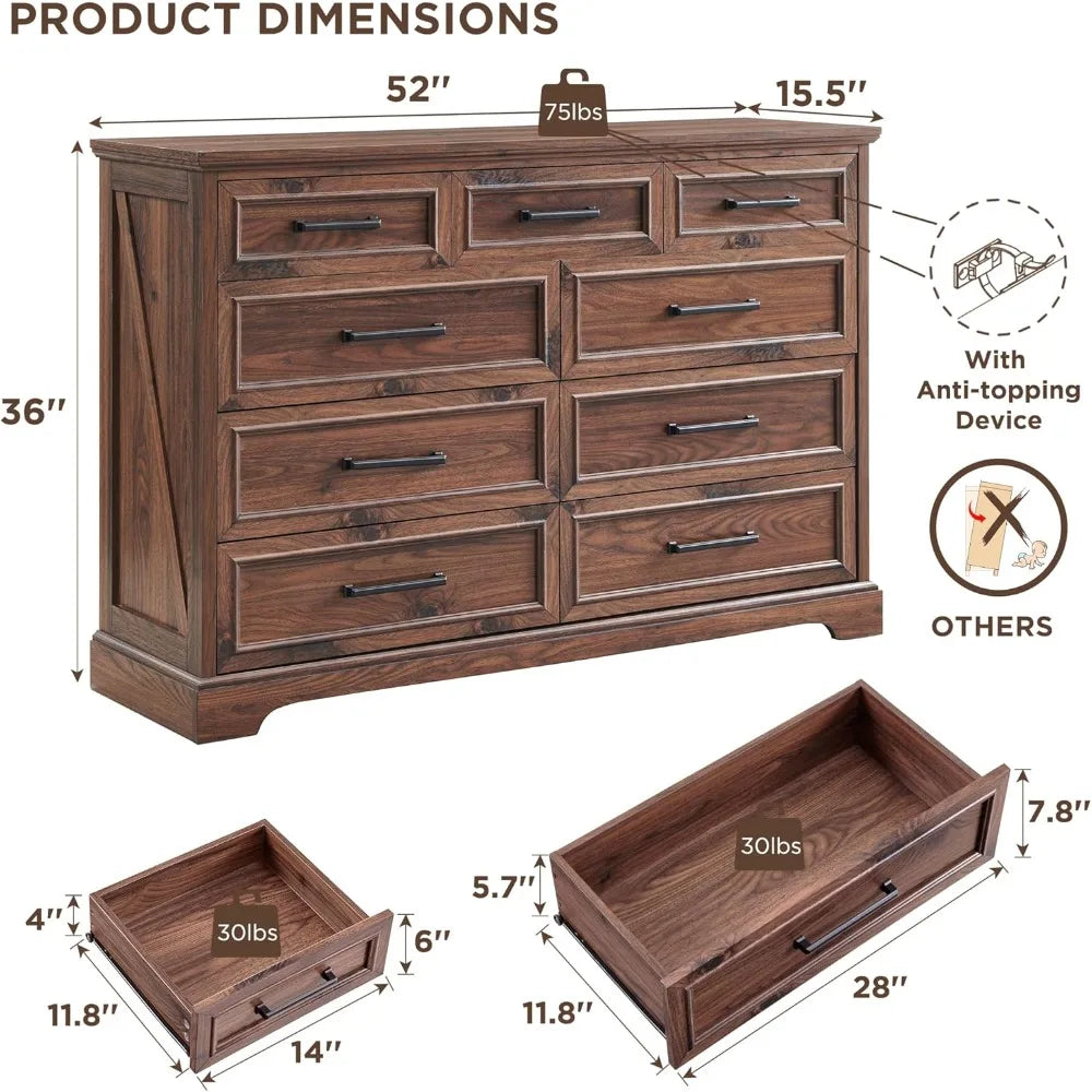 Farmhouse 9 Drawer Dresser for Bedroom, 36 Inch Tall Modern Dresser TV Stand with Large Drawers & Bar Handles, Rustic Wood Chest