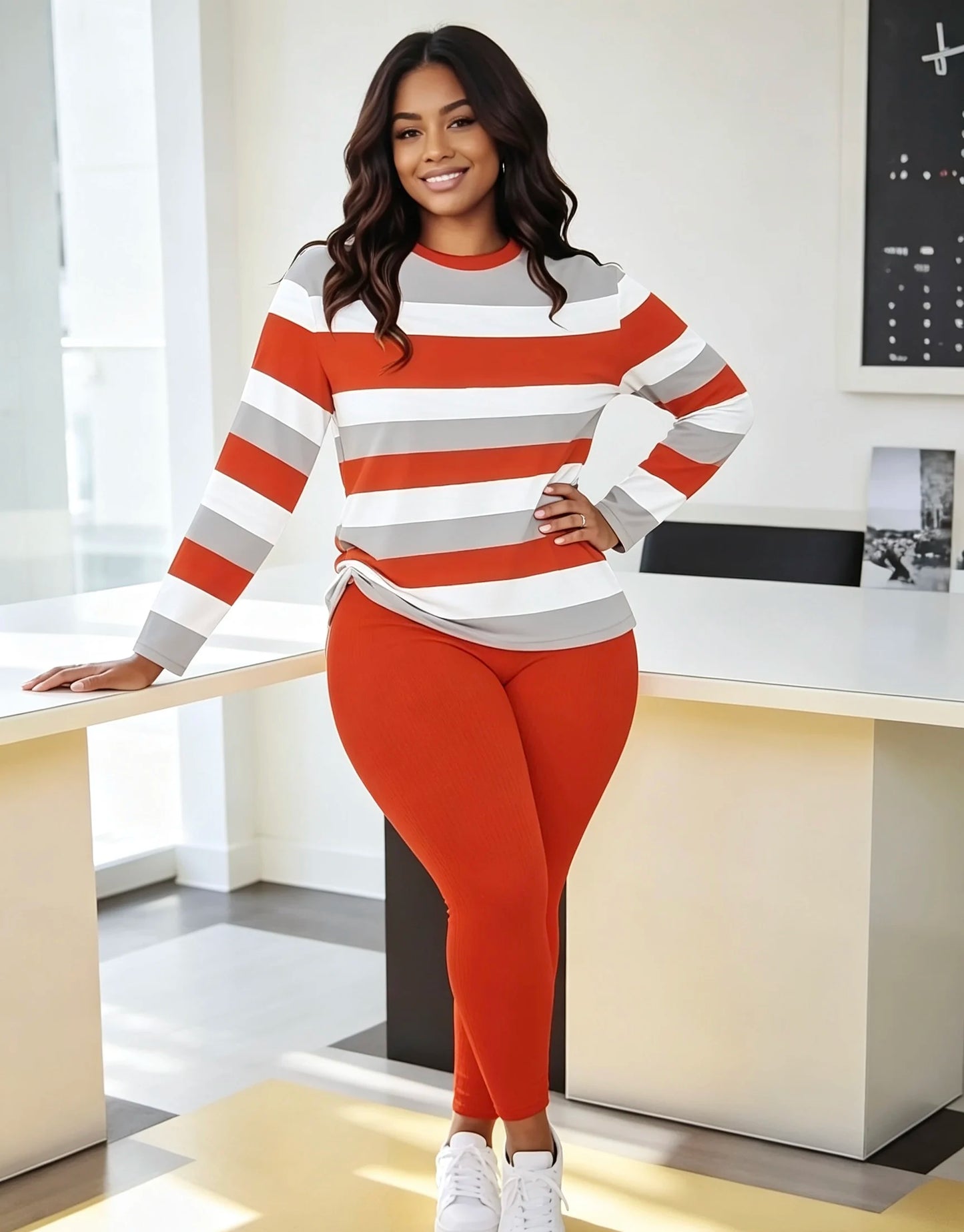 European and American plus size women's red, white, and gray color-block striped long-sleeve top and solid color ribbed pants set; crew neck loose casual loungear