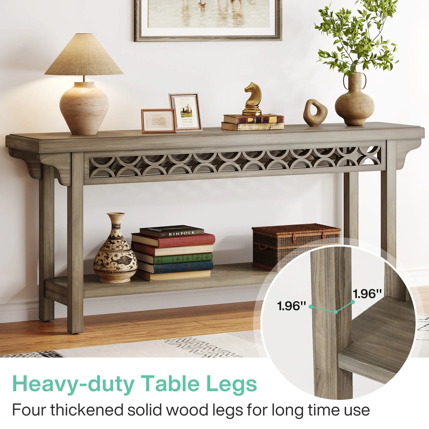 LITTLE TREE 70.8-Inch Solid Wood Long Console Table, Farmhouse Entryway Table with Storage, Narrow Sofa Table Grey Couch Table