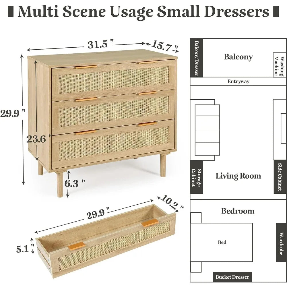 Large 3-Drawer Rattan Nightstand—Modern Wood Bedside Table for Queen & King Bedrooms