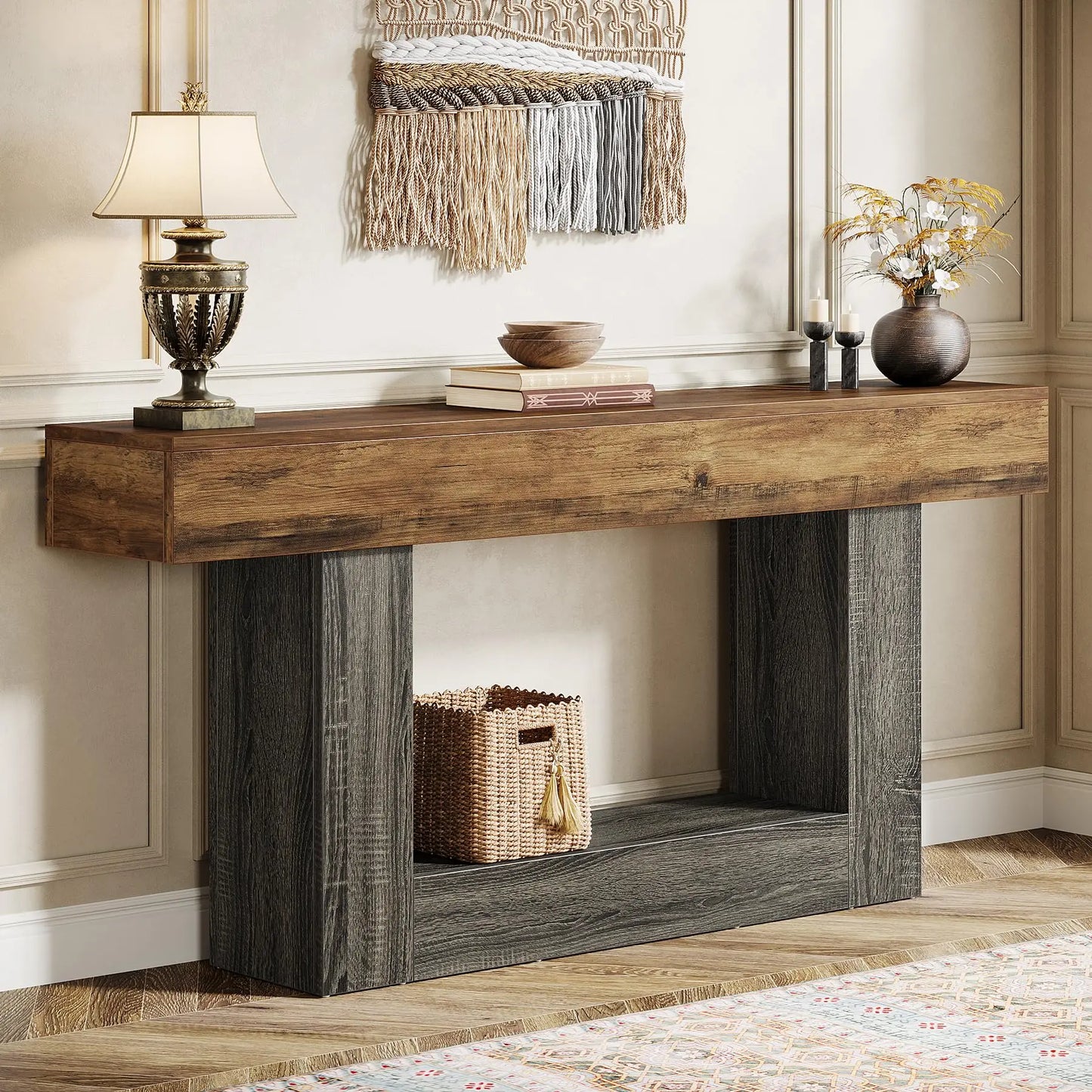 LITTLE TREE 63" Console Table, Farmhouse 2-Tier Entryway Table with U-Shaped Base,Narrow Long Wood Sofa Table Behind Couch Table