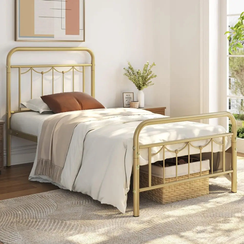 Twin Metal Bed Frame Vintage Spindle Headboard Antique Gold 450 Lb Capacity