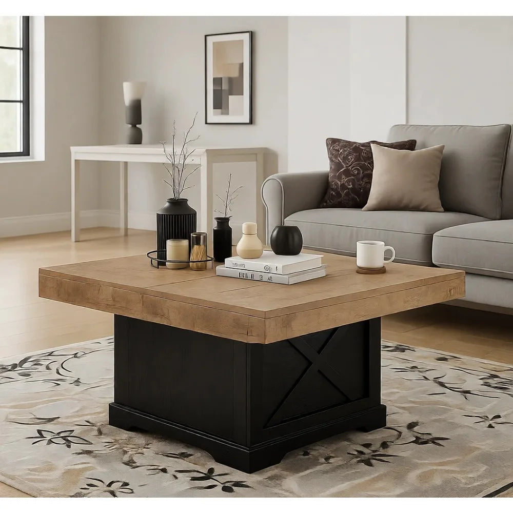 Rustic 31.5 Inch Square Coffee Table with Wooden X Pedestal for Small Spaces
