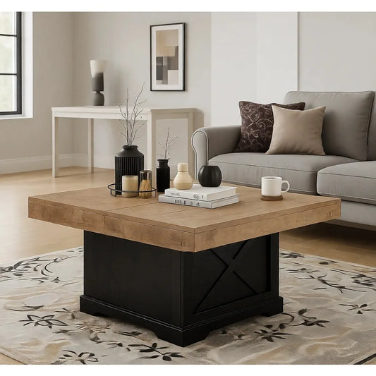 Rustic 31.5 Inch Square Coffee Table with Wooden X Pedestal for Small Spaces