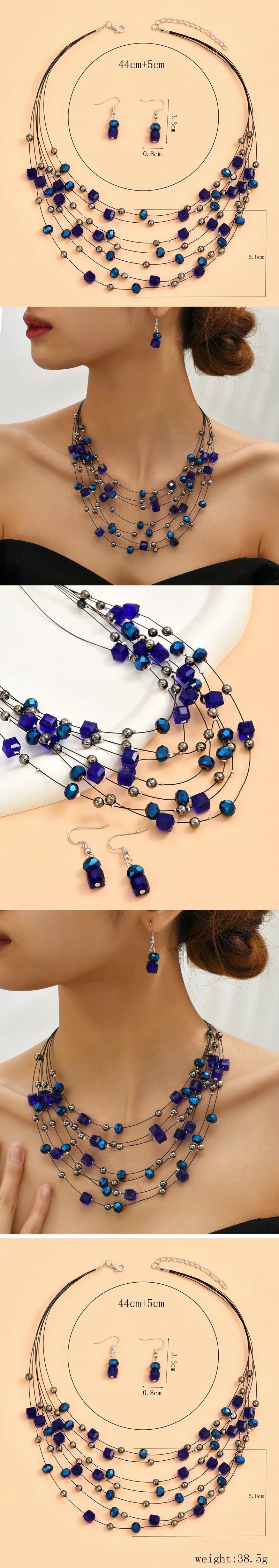 Bohemia Necklace Earrings Set For Women Square Crystal Beads Jewelry Sets Multilayer Choker Necklace Women Jewelry Set