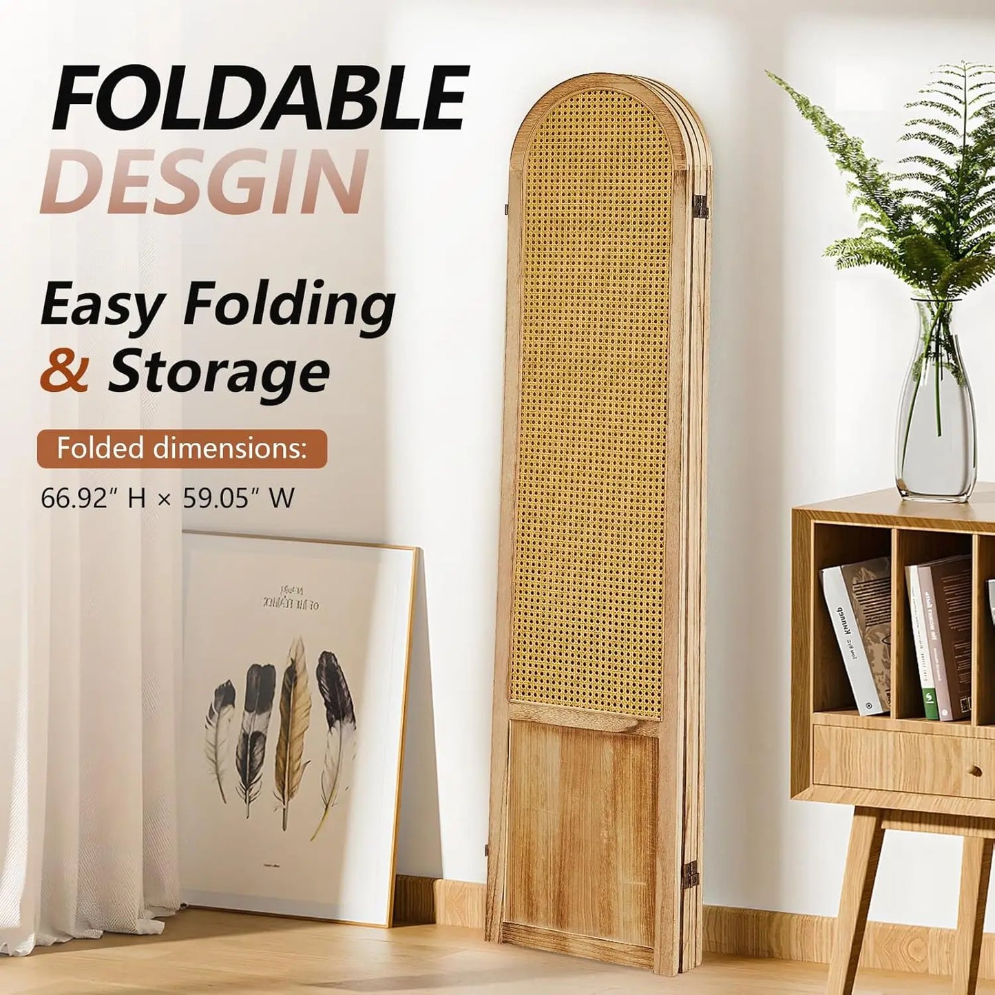 4 Panel Room Divider and Folding Privacy Screen, 5.6 Ft Foldable Double Hinged Rattan Partition, Hand-Woven Rattan, Customized