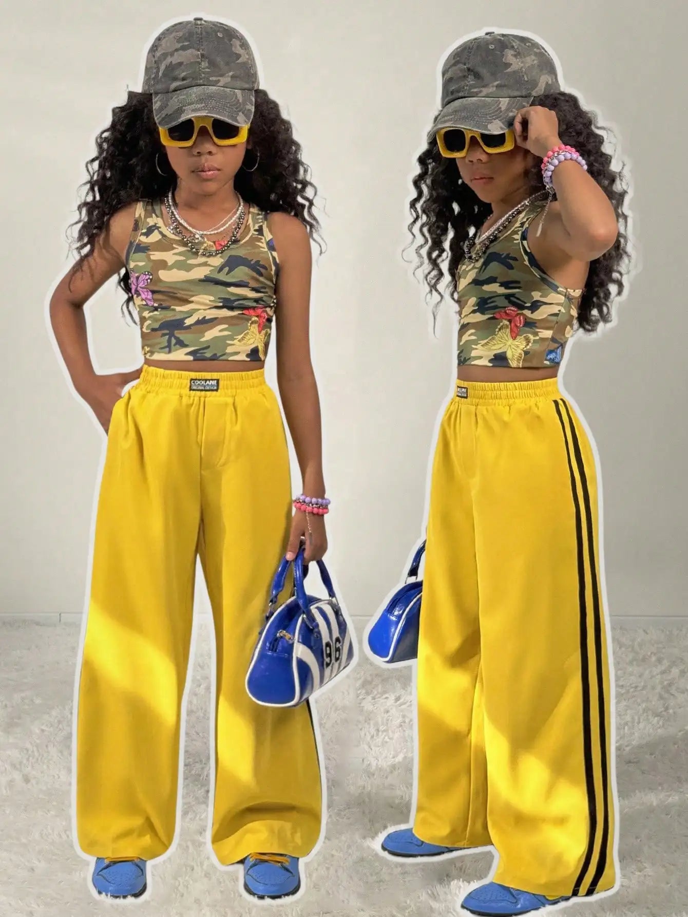 Kids Girls Bright Yellow Loose Fit Straight Leg Pants with Side Stripes, Camo Crop Top Set