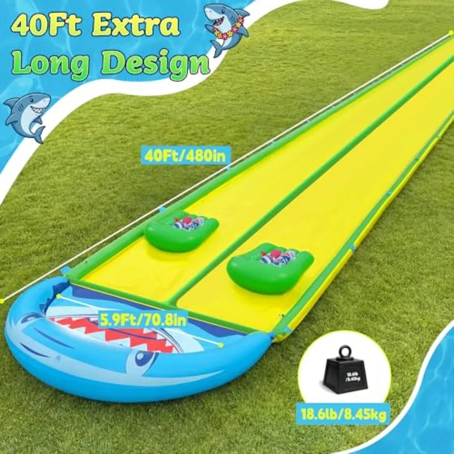Outdoor backyard lawn slip and slide for kids teens adults, heavy duty PVC, blue, 40×6.56FT with 3-way sprinkler and 2 boards