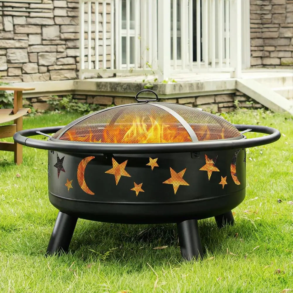 32 Inch Round Fire Pit with Mesh Cover, Fire Poker, Star and Moon Design, Metal Wood Burning Outdoor Fire Pit for Patio, Backyar