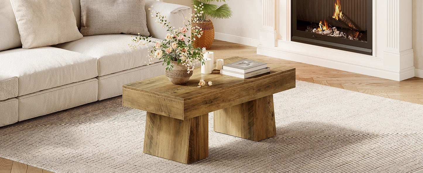 Tribesigns Vintage Coffee Table, 120cm Wooden Accent Center Tables with Thick Base, Modern Low Cocktail Tea Furniture for