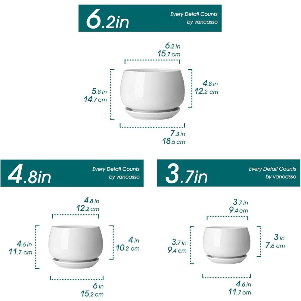 3 Pack White Ceramic Plant Pots with Saucers and Drainage Holes for Indoor Plants