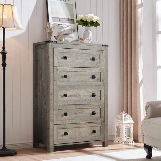 Farmhouse 5 Drawers Dresser Chests for Bedroom, Wood Rustic Tall Chset of Drawers,Dressers Organizer for Bedroom