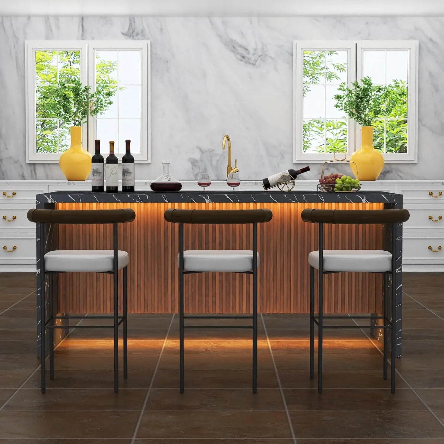 71" Large Imitation Marble Dining Table for 4-6 People, Island Table with LED Lights, Marble Stripes Kitchen Dining Tabl