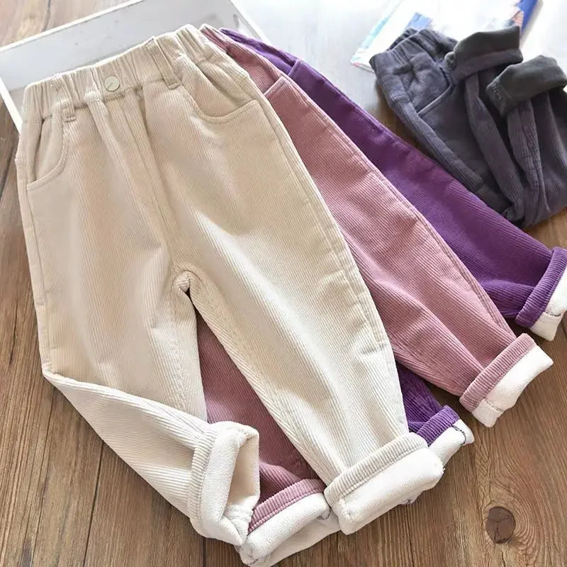 Kids Warm Pants Boy Girls Autumn Winter Corduroy Thick Outer Wear Sports Trousers 1-9Y Children Clothes Casual High Waist Pants