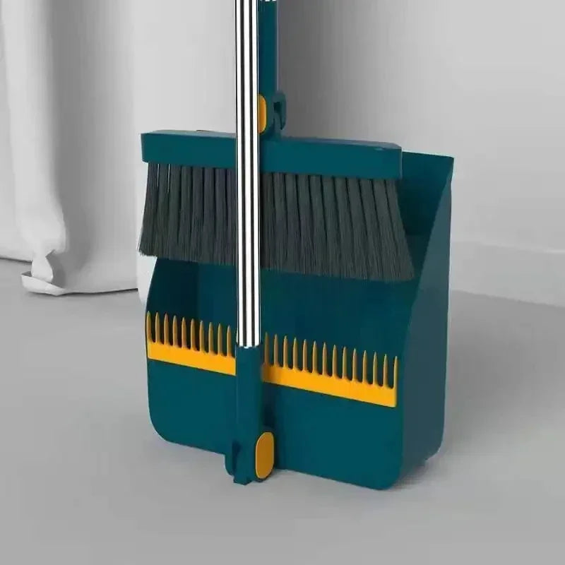 Folding Dustpan & Broom Set – Extra Thick Mounting Teeth, Clip Swivel Long Handle, Space Saving Storage