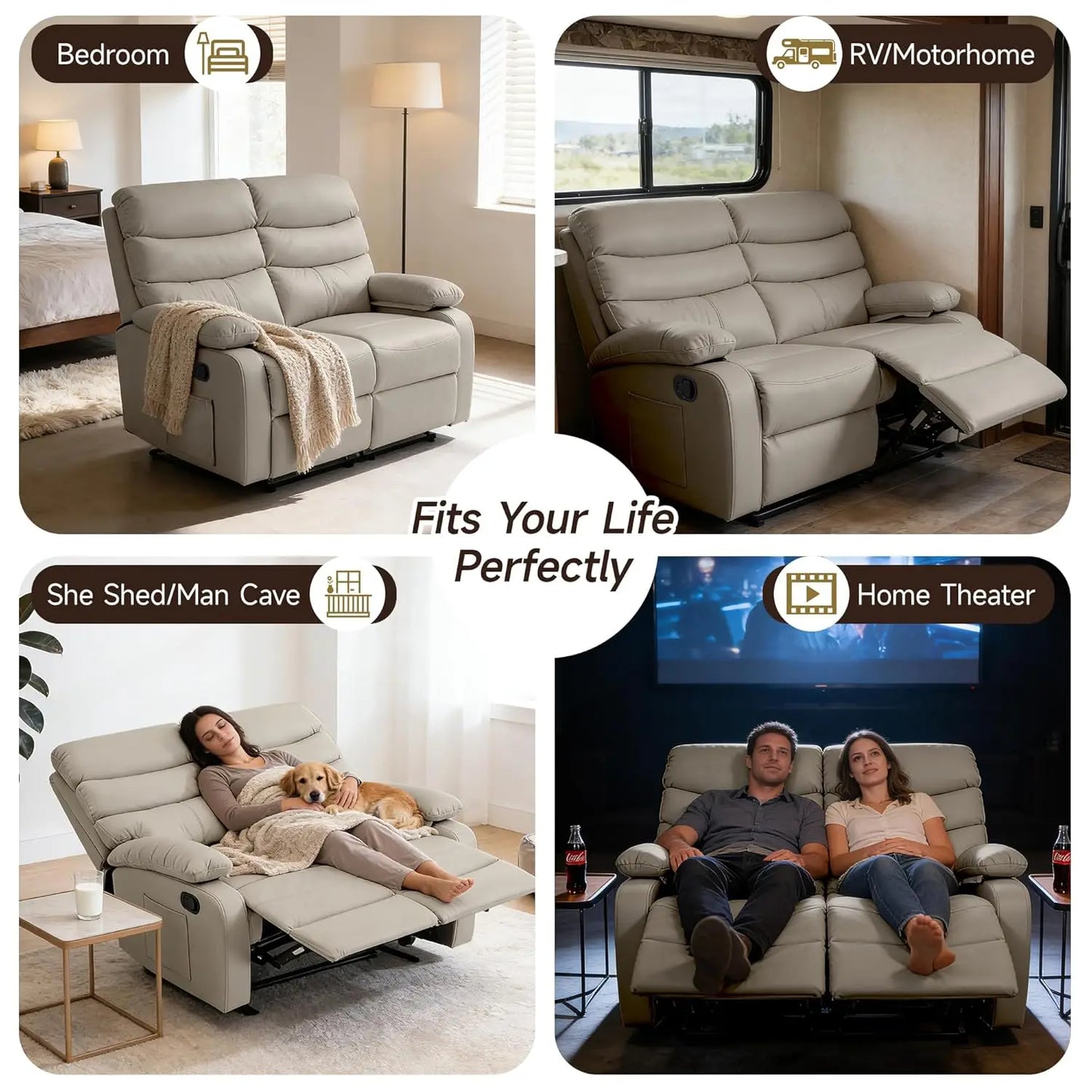 Wall Hugger Reclining Loveseat Anti-Scratch Leather Side Pocket Living Room RV Home Theater 2-Seat Beige, Customized