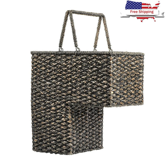 Black Rattan Stair Storage Basket with Handles Organizing Items Easy Carrying Utility Basket Decorative Home Storage Solution