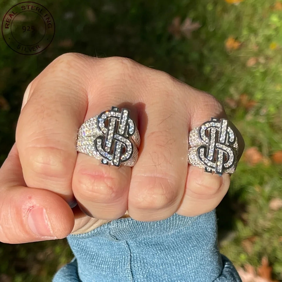 Men‘s 925 Sterling Silver Iced Out Money Dollar Sign Ring Hip Hop Style 14K White Gold Plated Jewelry