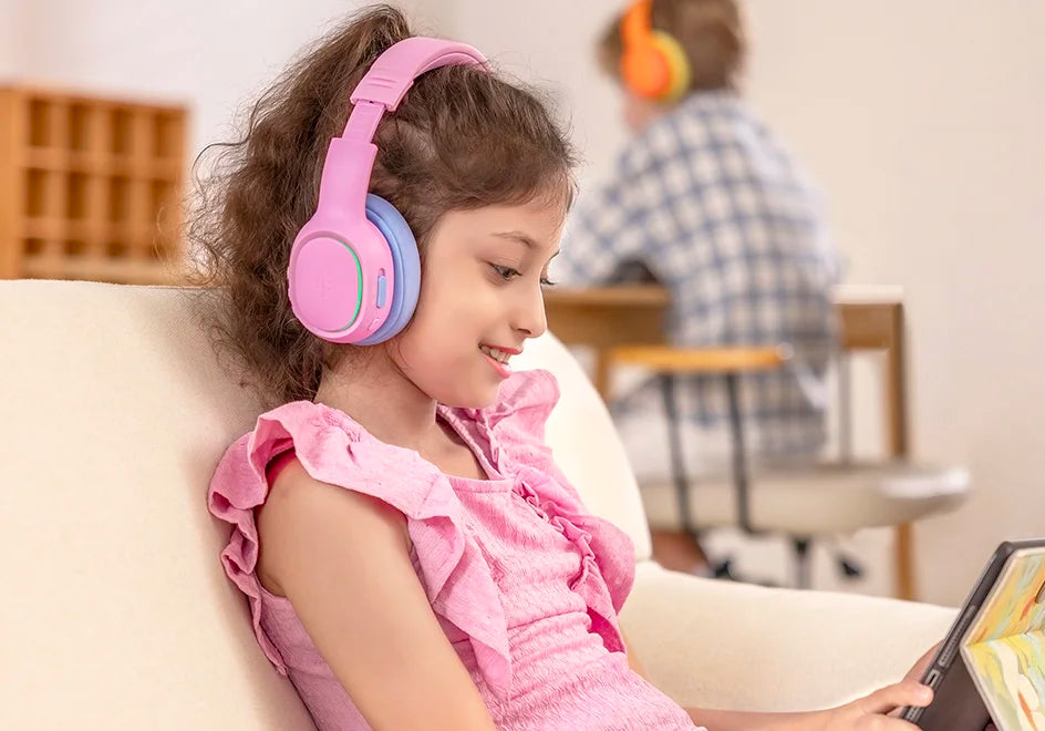 Tronsmart KH03 Active Noise Cancelling Kids Headphones, Foldable Bluetooth Headset with HD Mic for Class Clarity, Soft Protein Earpads, 7-Color LED, Safe Volume Limit, 70H Battery for Travel/Study