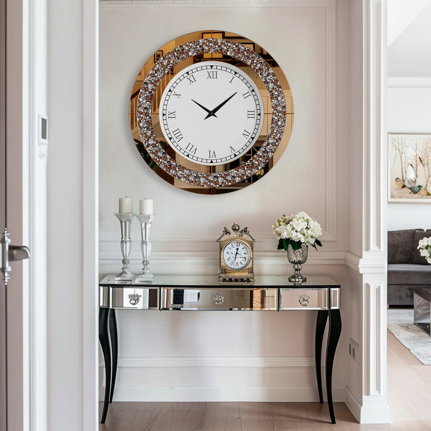 Silver,Tawny Tinted Round Mirror ,24inch Crystal Sparkle Twinkle Bling Crush Diamond Large Mirrored Wall Clock for Living Room