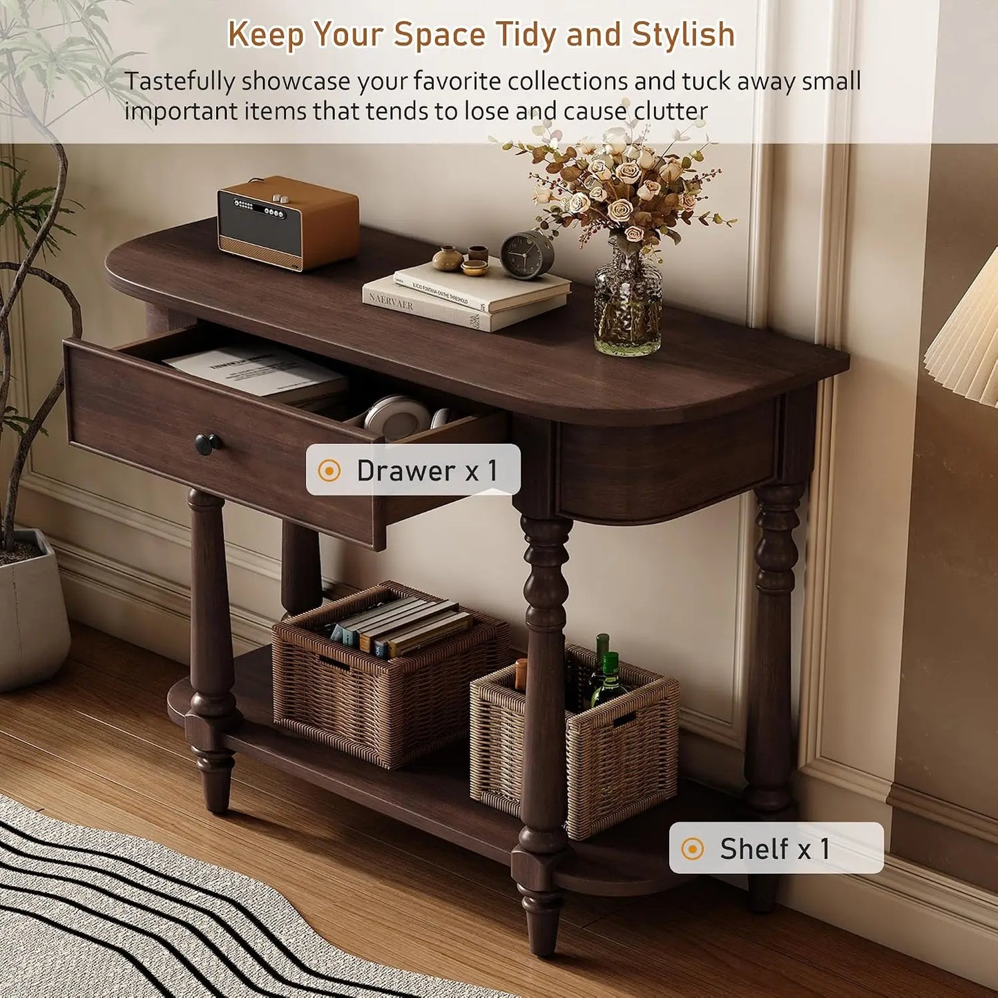 Small Curved Console Table 36-Inch Retro Farmhouse Entryway Sofa Table with Drawer & Storage Shelf for Entry, Customized