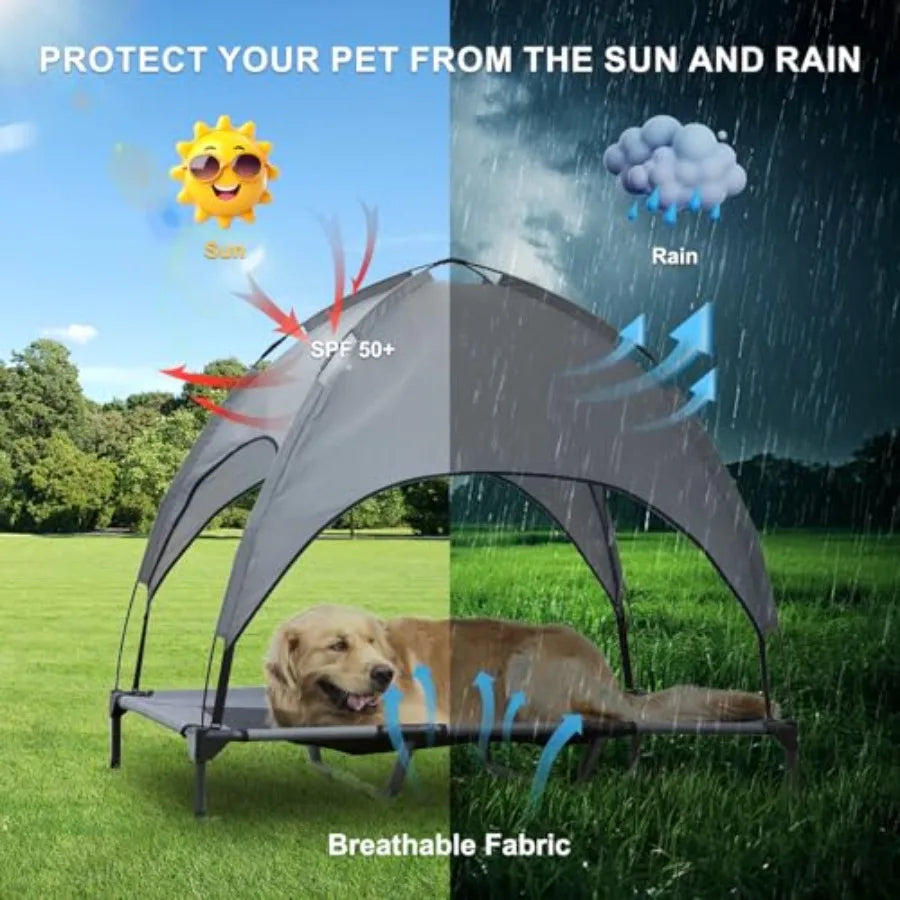 Elevated Dog Bed with Canopy 48-inch Waterproof Pet Cot Portable Outdoor Pet Bed with Carry Bag Indoor/Outdoor Cooling Canopy D