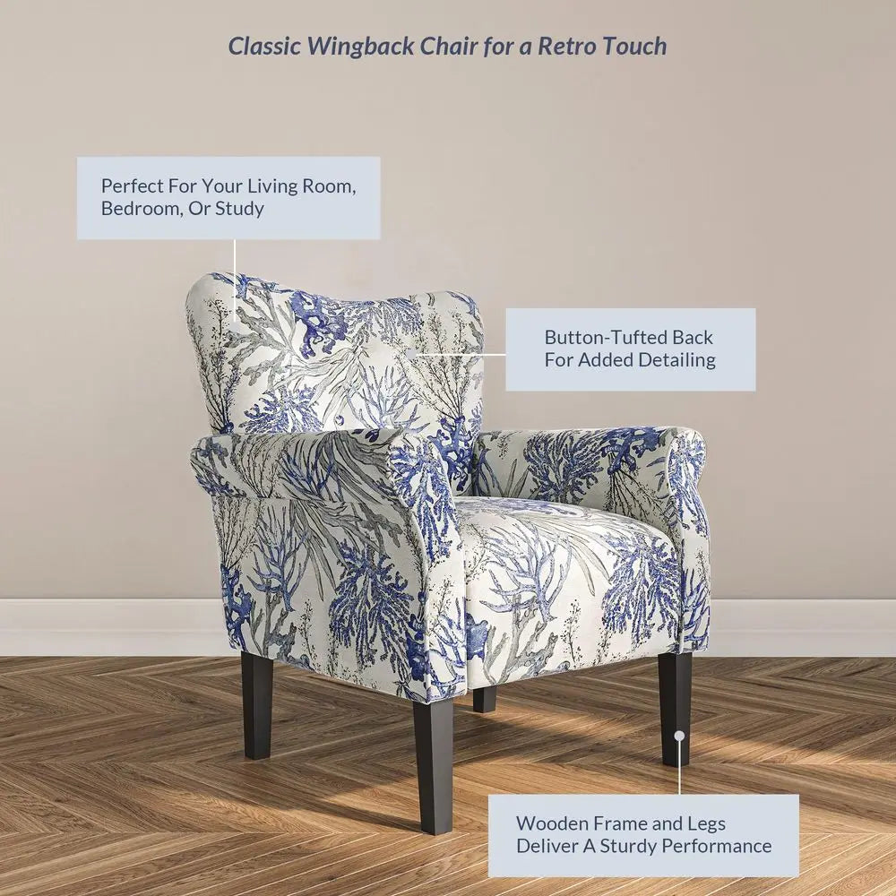 Modern Linen Wingback Accent Chair with Wooden Legs and Padded Arms