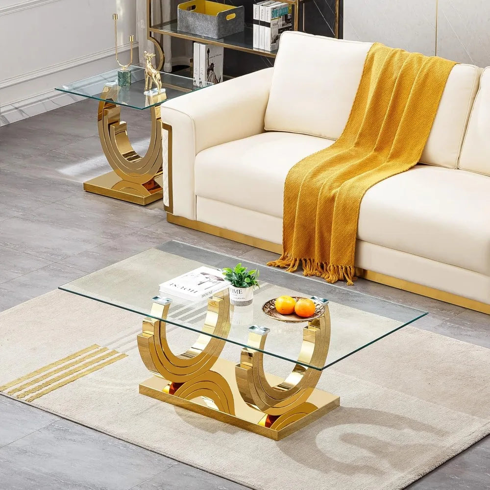 Luxury Gold Glass Coffee Table for Living Room Modern 47" Rectangular Center Table with Ring-Shape Mirrored Stainless Steel Base