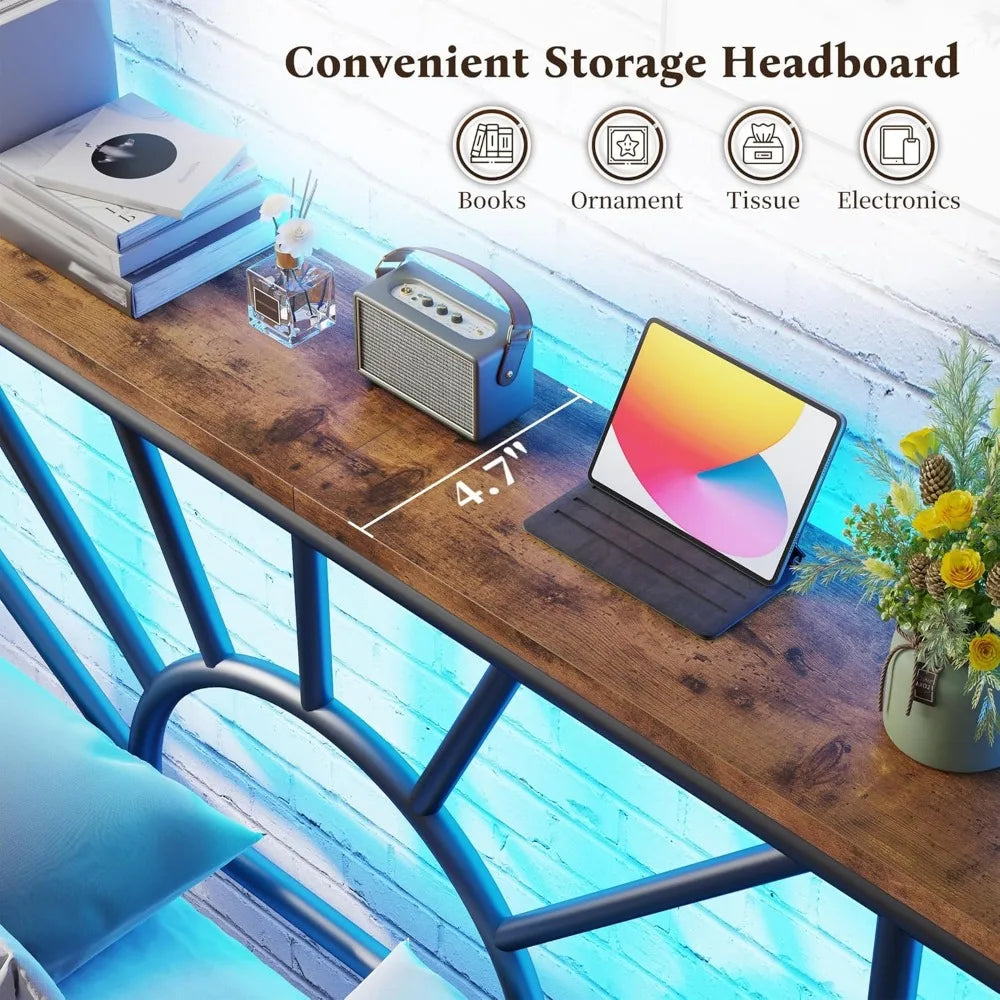 Metal Queen Bed Frame with Headboard and Footboard, Queen Size Bed Frame with LED Light, Mattress Foundation with Under Bed Stor