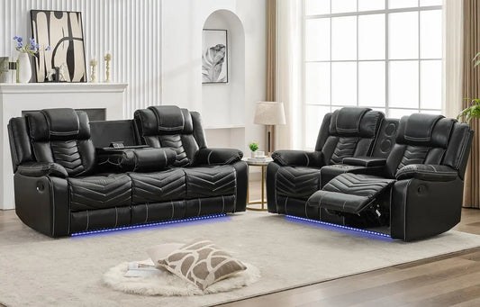 2-Piece Manual Recliner Sofa Set w/ Wireless Charger, Bass Speakers, LED Lights,Faux Leather Reclining Couch for Living Room