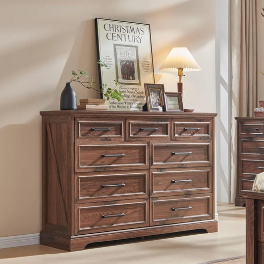 Farmhouse 9 Drawer Dresser for Bedroom, 36 Inch Tall Modern Dresser TV Stand with Large Drawers & Bar Handles, Rustic Wood Chest