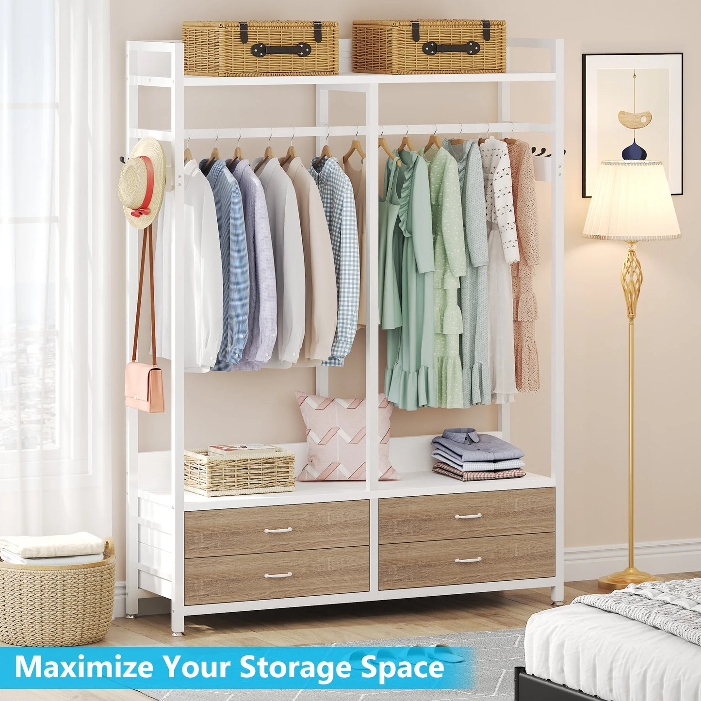 Tribesigns Freestanding Closet Organizer for Hanging Clothes, Heavy Duty Garment Rack with Drawers, 8 Hooks and Storage Shelves
